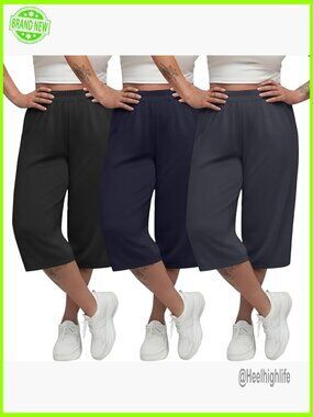 Plus Size Wide Leg Capri Pants with Pockets 3 Pack